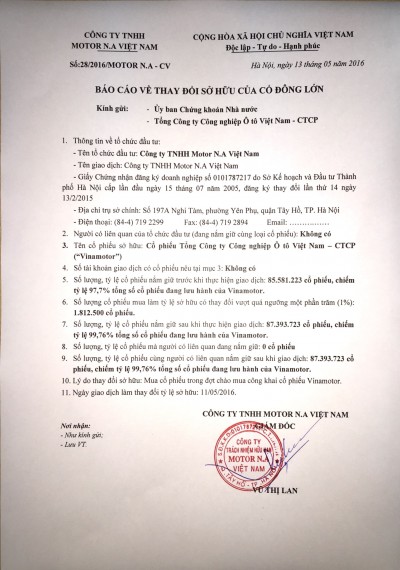 BÁO CÁO VỀ THAY ĐỔI SỞ HỮU CỦA CỔ ĐÔNG LỚN
