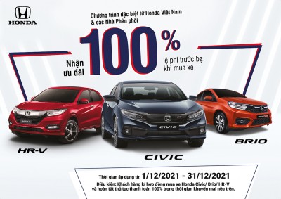 Nhận ưu đãi 100% lệ phí trước bạ khi mua Honda Civic, HR-V và Brio trong tháng 12 năm 2021