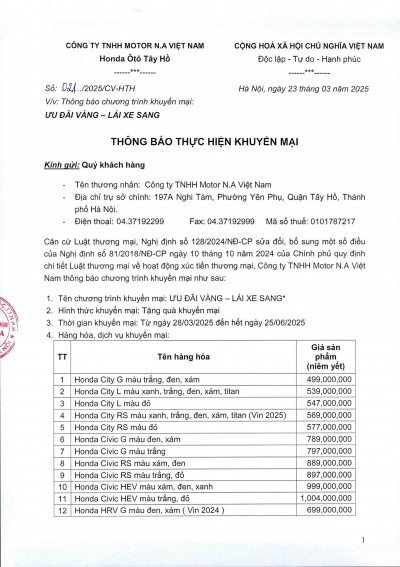 Honda Ô tô Tây Hồ xin thông báo chương trình khuyến mại 